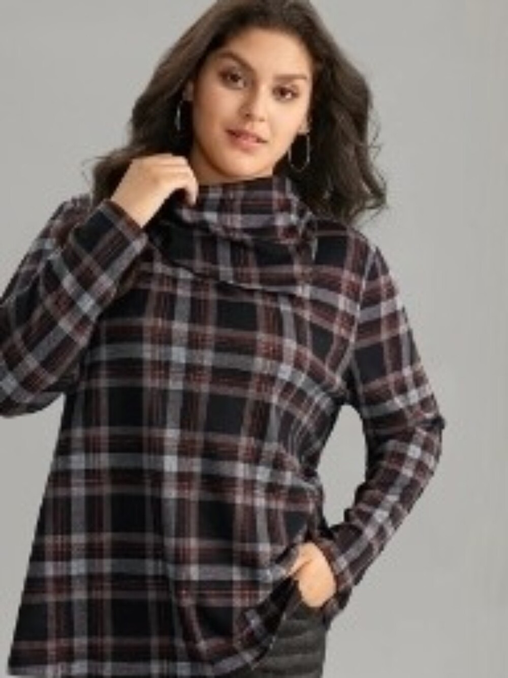 BloomChic Plaid Funnel Neck Top - Black, Red & Gray